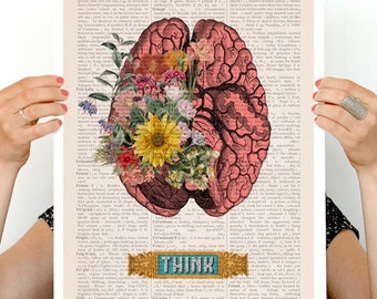 Brain Flower Art Print: Anatomy Illustration on Vintage Dictionary Page