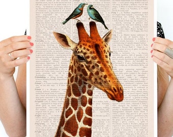 Giraffe & Birds Art Print: Honeymoon Animal Decor, A3 Poster