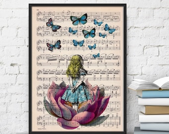 Home decor, Alice in wonderland looking for blue butterfly over a music sheet, Nursery Wall decor, art print, Best friend gift,  ALW013MSL