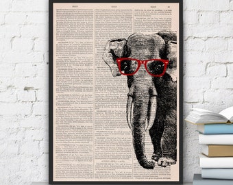 Geek Elephant with glasses, Wall art, Wall decor, Gift Art for Home, Nursery art, Art Prints, ANI096