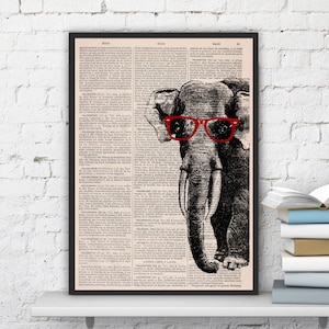 Elefante friki con gafas, Arte de pared, Decoración de pared, Arte de regalo para el hogar, Arte de guardería, Impresiones de arte, ANI096