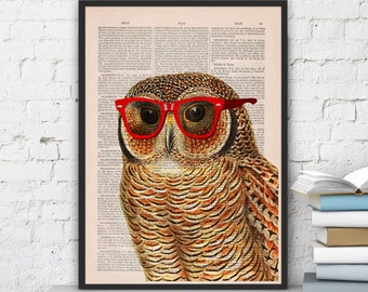 Owl with glasses, Wall decor, Print on vintage book page, Funny animal Art, Room Decor for Kids