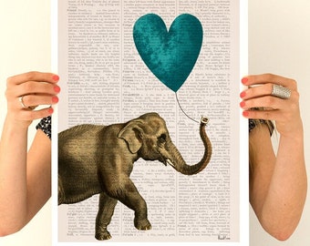 Mothers day gift - Elephant Heart Balloon Art Print: Nursery Wall Decor (A3)