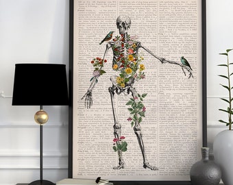 Full Skeleton & Bird Collage Print on Dictionary Page | Nature Lover Gift | Peaceful Bones and Flowers Art | Literary Macabre Decor