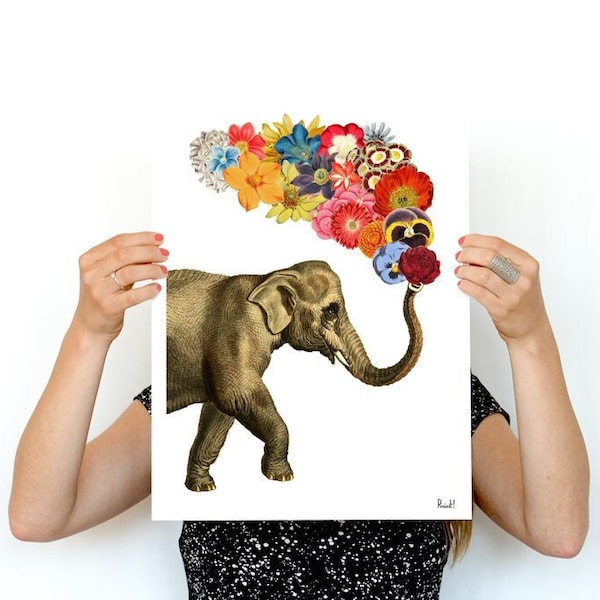 Art prints,  Original Art,  Elephant with Flowers print, Nursery Decor, Elephant art, Flowers wall art, ANI091WA4