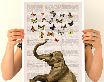 Elephant Butterfly Nursery Print: A3 Animal Wall Art