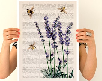Bees and Lavender Print: Farmhouse Wall Art on Book Page