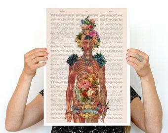 Feminist Art Print: Floral Human Anatomy on Vintage Book Page