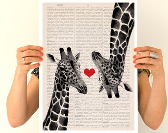 Giraffes in Love Art Print: Nursery Animal Decor on Book Page