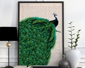 Beautiful Peacock with endless tail wall ,Housewarming art for New home, Emerald green Wall Art,  peacock art, ANI149