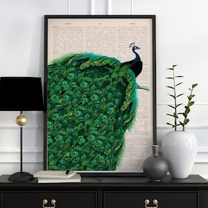 Beautiful Peacock with endless tail wall ,Housewarming art for New home, Emerald green Wall Art, ANI149 image 1