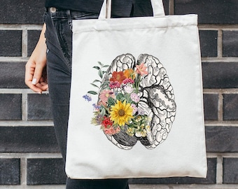 Tote Bag organic cotton, Spring Brain bag with pocket, shopping bag, shoulder bag,  Medical student gift, TBC001