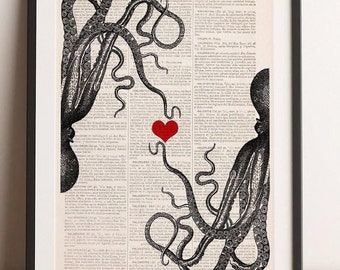 Mothers day gift - Two Octopus Love Art Print with Red Heart | Romantic Tentacles Couple Gift | Vintage Dictionary Page Sea Animal Decor