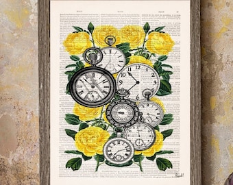 Flower wall art, Wall art prints, Book print,  Watch collage dictionary book Clocks over Roses Time to see you book print on Vintage, BFL112