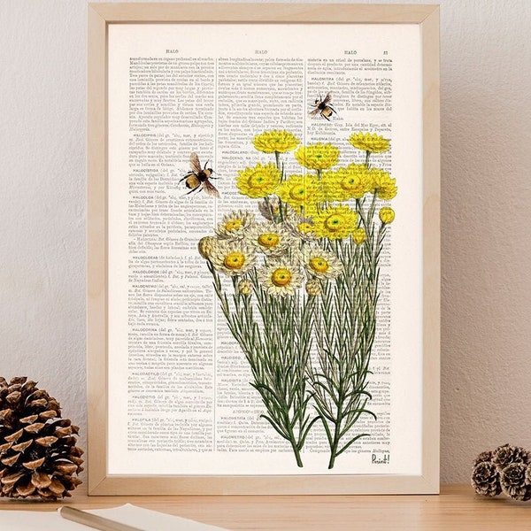 Flower wall art - Yellow wild flowers with bees Print - Housewarming Gift - Bee Wall Art - Flower Book Print - gift for her - BFL238