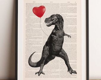 Valentine Wall Art- Funny T-Rex Heart Balloon Art Print | Dinosaur Lover Gift for Him/Her | Vintage Book Page Quirky Decor