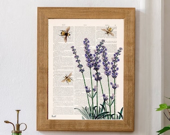 Mothers day gift - Bees with Lavender Print Housewarming Gift - Bee Wall Art - Dictionary Print - Book Page Art - Flower Book Print - BFL117