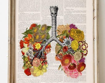 Illustration anatomique des poumons fleuris | Décoration médicale vintage inspirée des pages de dictionnaire | Cadeau pour médecin spécialiste en botanique