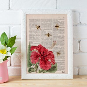 Flower wall art, Gift for mom, Art prints Christmas giftBees and the Hibiscus, Save the bees art, botanical wall art, home decor, BFL003 image 5