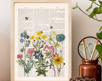 Wildflower & Bee Dictionary Art Print: Upcycled Book Page