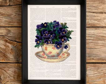 Vintage Teacup Pansies Print on Upcycled Book Page | Gift for Tea Lovers | Cottagecore Floral Wall Art | Grandmillennial Decor