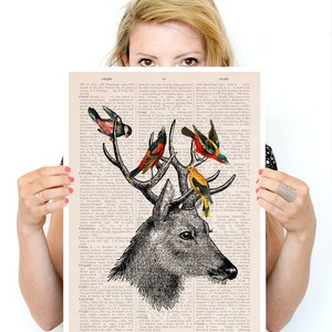 Large wall Art,   Deer with birds poster, Eco friendly art, Deer art,  Wall art, Wall decor,  poster, Animal art, Gift for her, ANI040PA3