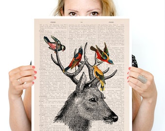 Large wall Art,   Deer with birds poster, Eco friendly art, Deer art,  Wall art, Wall decor,  poster, Animal art, Gift for her, ANI040PA3