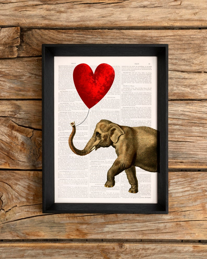 Original Art, Housewarming home gift, Elephant with Heart shaped balloon, New home gift, Nature art, Funny wall art, Original art, ANI083 image 1