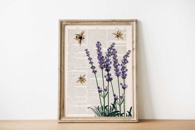 Lavender wall art - Bees with Lavender Print Housewarming Gift - Bee Wall Art - Dictionary Print - Book Page Art - Flower Print - BFL117 