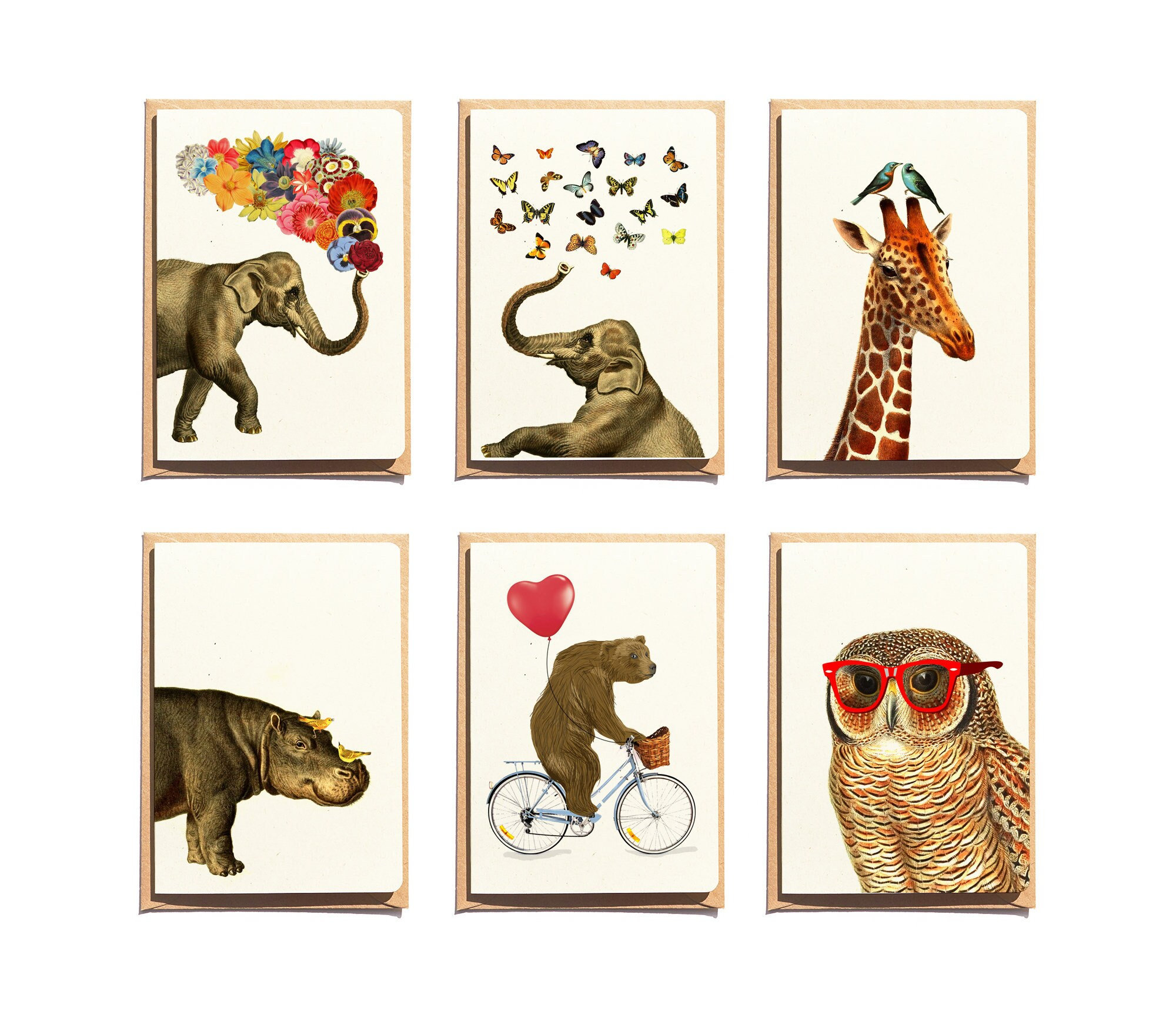 Notecards Set - Bithday invitation - Funny Animal Cards - Set of 6 - Animal Greeting Cards - Elephant Card - NTC004