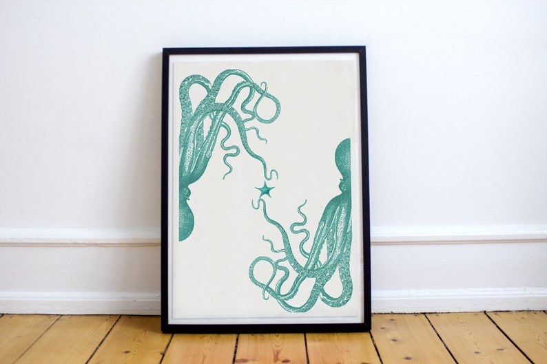 Art Print Octopus in love. Wall art sea life print. Wall decor sea foam octopus. Octopus art SEA115 zdjęcie 2