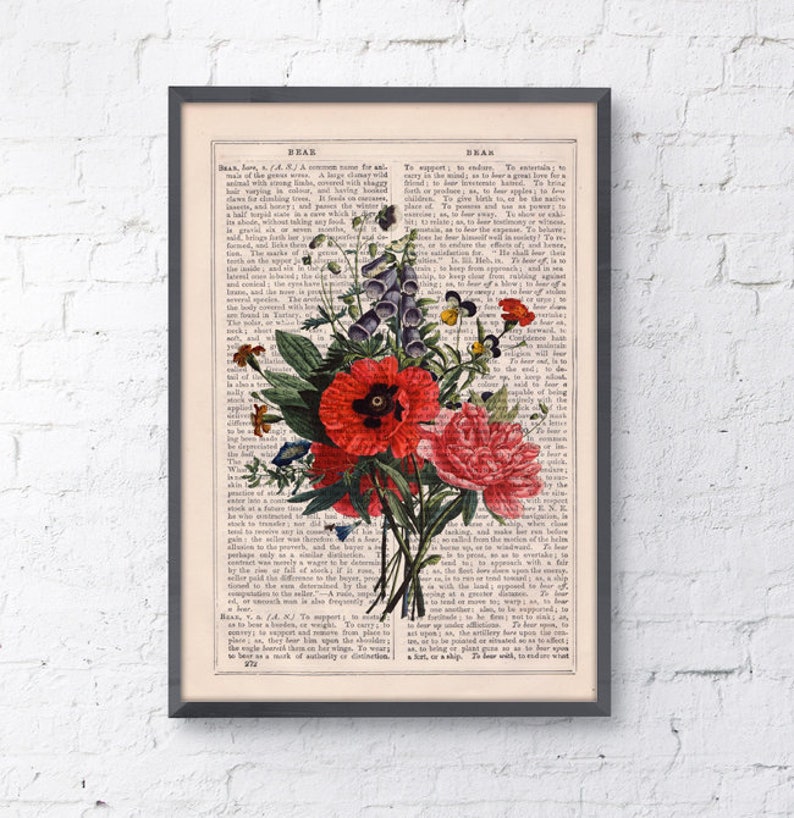 Vintage botanical art , Wall decor, Floral Bouquet on Dictionary Botanical wall art, Housewarming gift, Home gifts, Plant wall art, BFL146 image 7