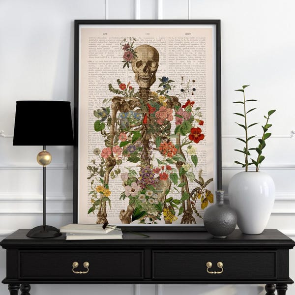 Anatomiposter för mänskligt skelett | Vintagetryck med ben och blommor | Dekor med kuriositeter och udda föremål | Gåva för läkarstudenter