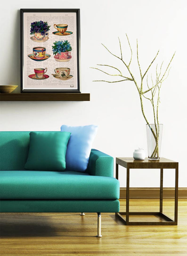 Vintage tea cups collection poster Tea cup art Kitchen art Etsy