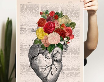Mothers day gift - Anatomical Heart Roses Bouquet Art Print - Flower Anatomy Decor