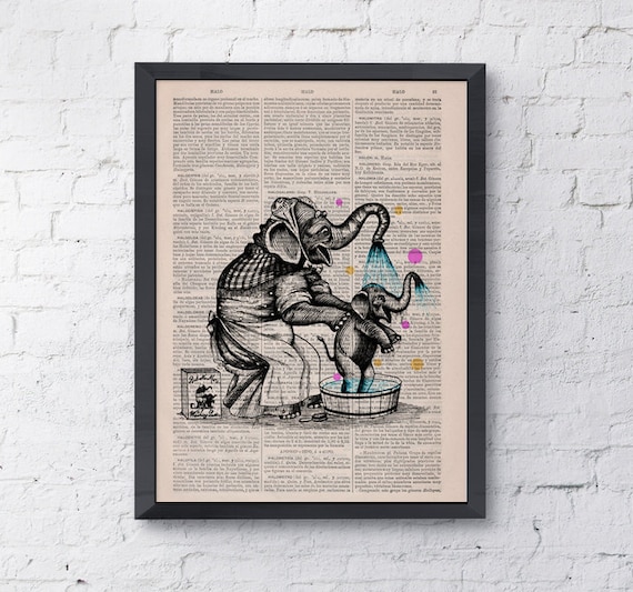 Nursery Wall Art Bedroom Decor Baby Elephant Taking A Bathlove Collage Dictionary Book Page Home Decor Art Ani105
