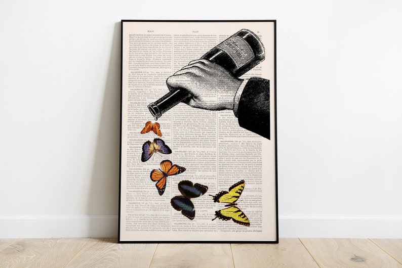 Butterflies and Wine bottle Kitchen Wall art print, best choice for gifts, Gift for her, Art prints, Wall decor, BFL087 image 2