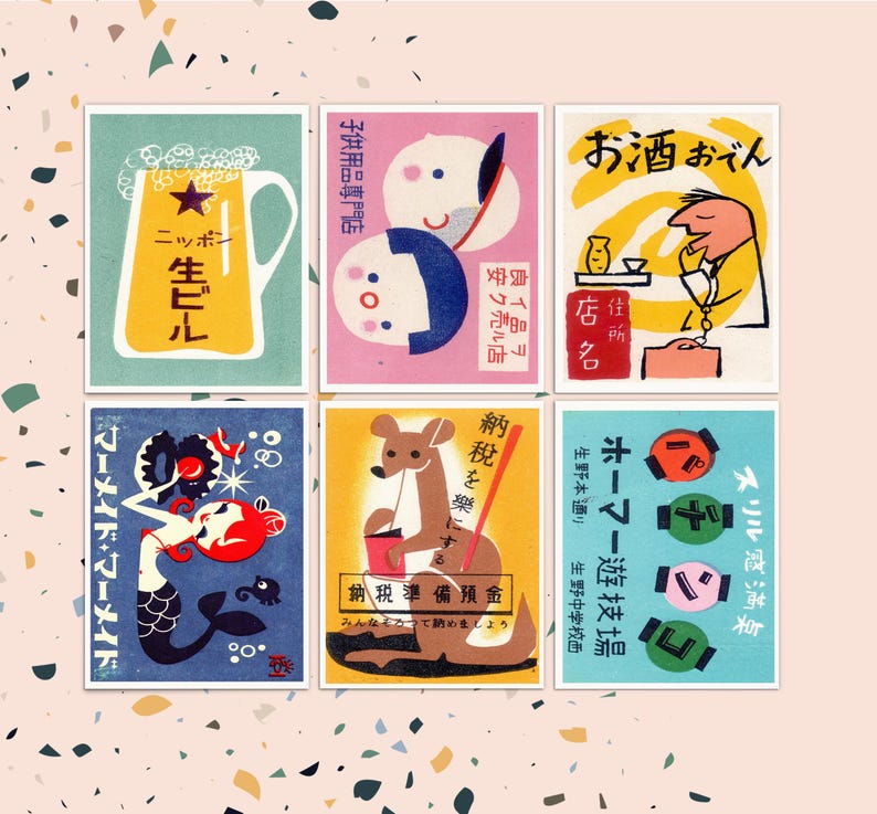 May include: Six vintage matchbox labels with colorful illustrations. The labels feature a beer glass, two children, a man drinking sake, a mermaid, a kangaroo, and a game of pachinko.