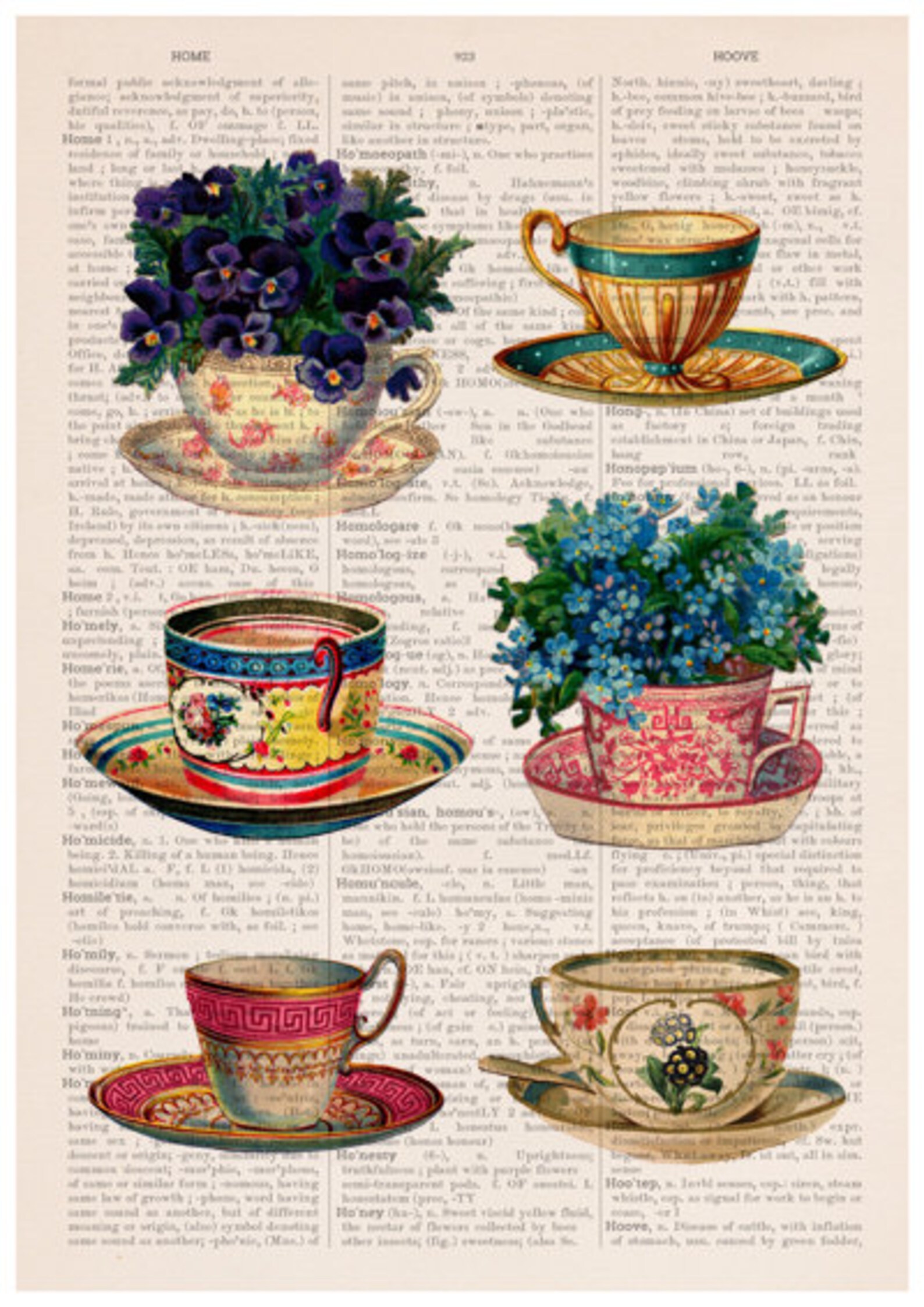 Vintage tea cups collection poster Tea cup art Kitchen art Etsy