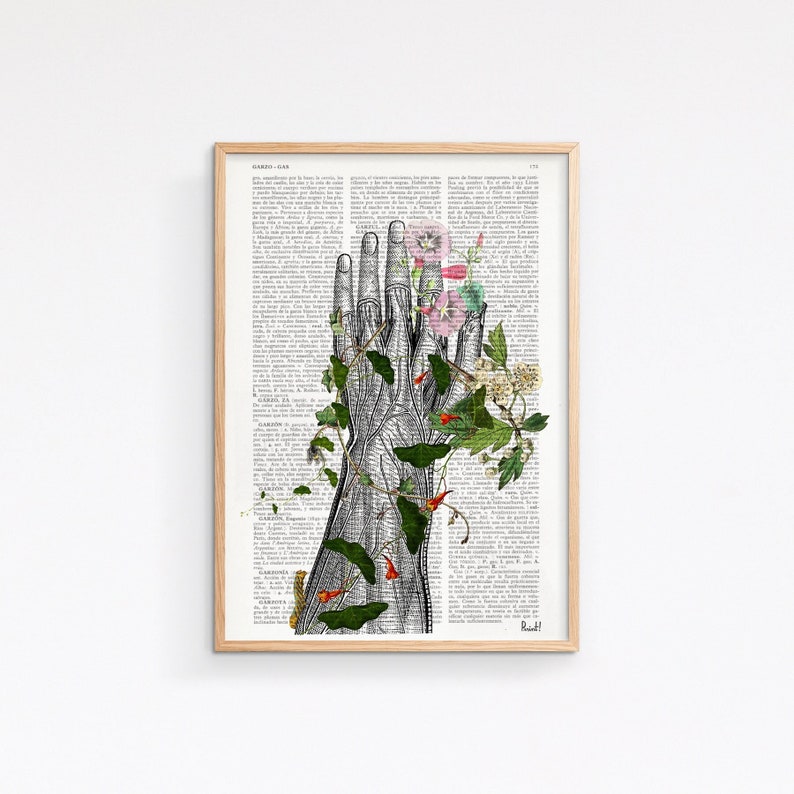 Psychedelic Art, Wall art print Human hand with flowers, Anatomy Print on dictionary, Anatomy art, human art, wall decor art print, SKA092 image 2