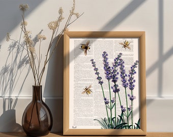 Lavender wall art - Bees with Lavender - Eco friendly gifts - Bee Wall Art - Save the Bees - Floral Art Print - BFL11