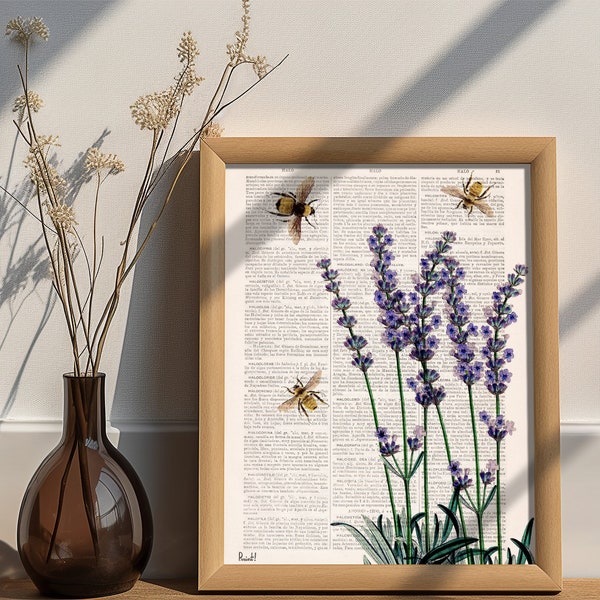 Lavender wall art - Bees with Lavender - Eco friendly gifts - Bee Wall Art - Save the Bees - Floral Art Print - BFL11