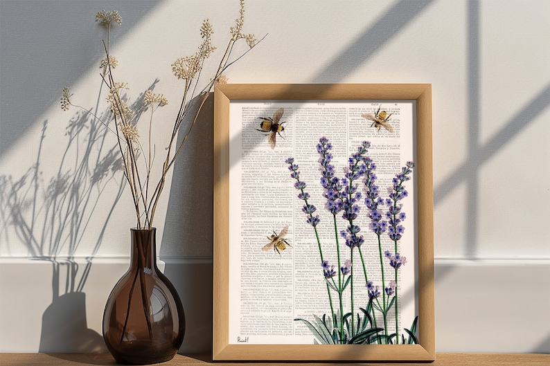 Lavender wall art Bees with Lavender Eco friendly gifts Bee Wall Art Save the Bees Floral Art Print BFL11 image 1