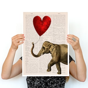 Elephant Heart Balloon Print: Nursery Wall Art on Book Page