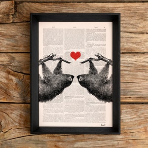 Original Art,  Unique Wall Art,  Sloths in love, Sloth couple with Red heart, Wall decor, Gift Art for Home, Nursery, Art Prints, ANI068