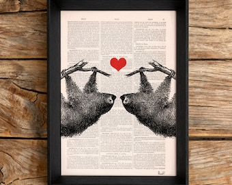 Original Art,  Unique Wall Art,  Sloths in love, Sloth couple with Red heart, Wall decor, Gift Art for Home, Nursery, Art Prints, ANI068