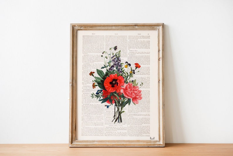 Vintage botanical art , Wall decor, Floral Bouquet on Dictionary Botanical wall art, Housewarming gift, Home gifts, Plant wall art, BFL146 image 1