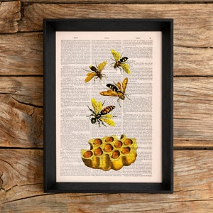 Original Art - Home gift - Gift for her - Bees Print on Dictionary page - Bees and honey - Nature wall art - Housewarming gift - BFL002