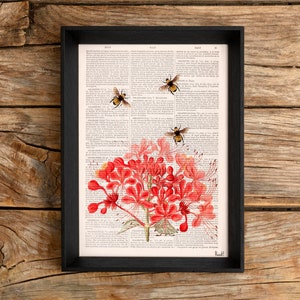 Unique Mothers gift - Bees with Geranium flowers, Wall art print, Floral art, Bees Wall decor,  bee print art, BFL001