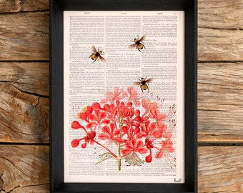 Bees & Geranium Flowers Art Print: Upcycled Book Page Wall Decor